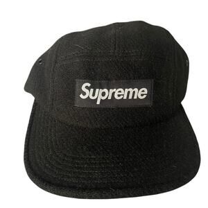 SUPREME Featherweight Wool Black Box Logo Panel Hat Camp Cap Harris Tweed